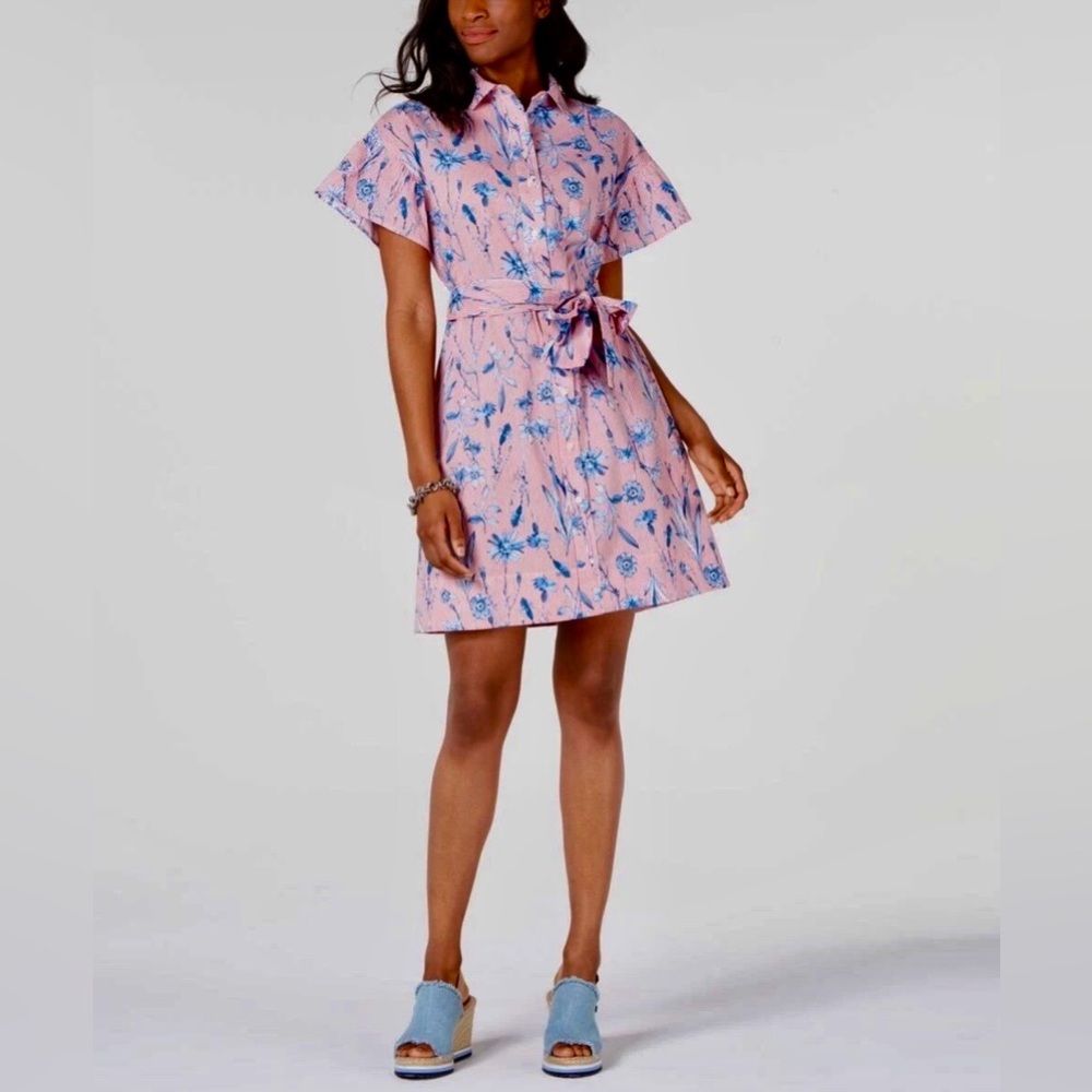 Women’s Tommy Hilfiger Pink & Blue Floral Print Belted Shirt Dress Size 14